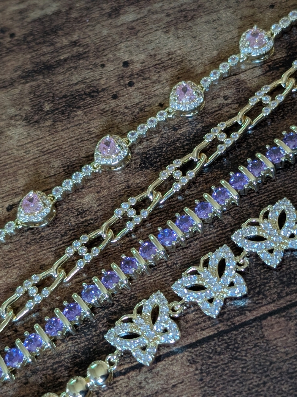 18K Gold Plated Bracelet Set with Pink Purple Stones And Butterflies